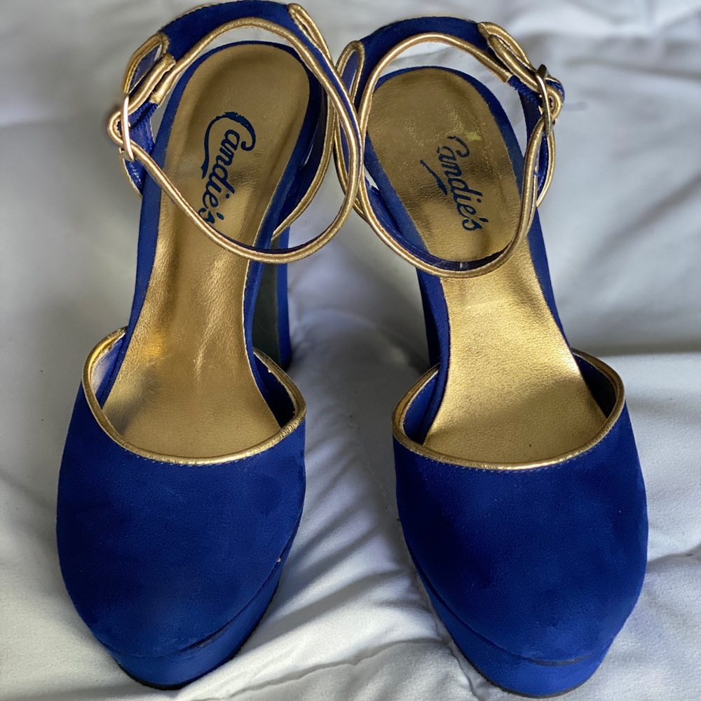 Blue Suede & Gold Candie’s Platform Heels Size 7